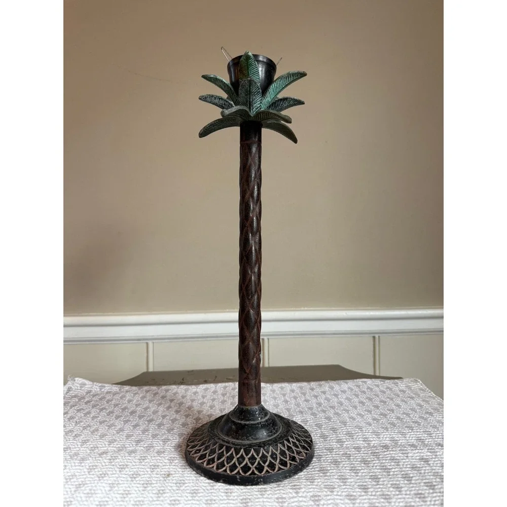 Vintage Cast Iron Palm Tree‎ Candlestick Holder 15 Inch Tall Tropical Verdigris